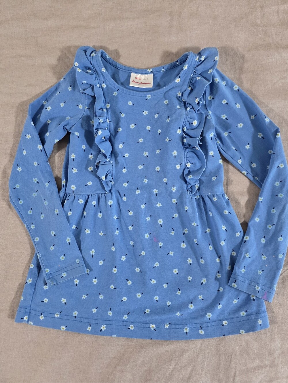 Hanna Andersson Girls Blue Floral Long Sleeve Ruffle Top size 6-7